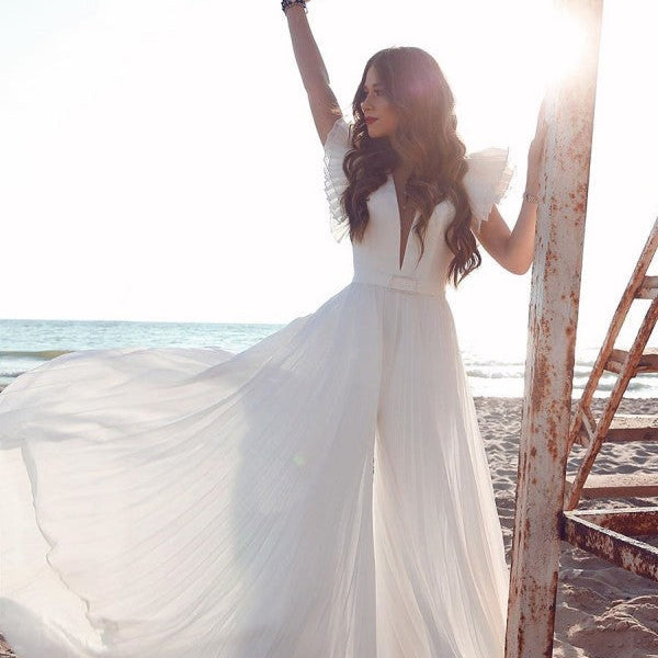 white chiffon beach wedding dress Ruffless Sleeves V neck Summer goddess beach wedding dresses