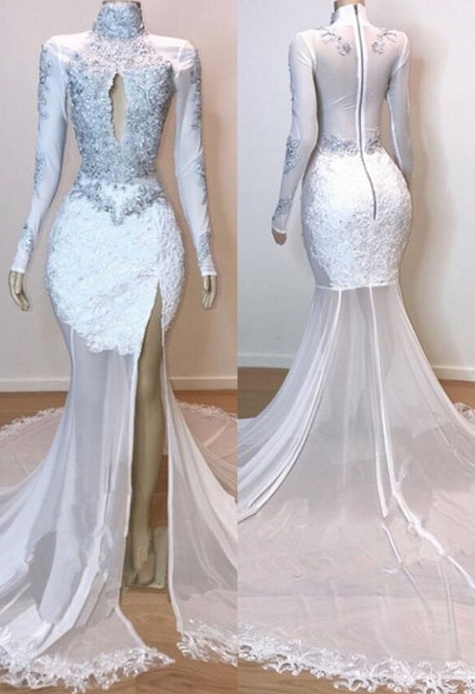 Ballbella has a great collection of New Arrival Sheer Tulle Slit Mermaid Evening Gowns at an affordable price. Welcome to buy high quality White Gorgeous Lace Long Sleevess Prom Dresses from Ballbella.