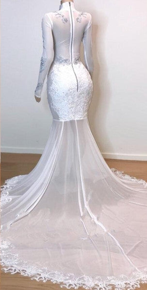 Ballbella has a great collection of New Arrival Sheer Tulle Slit Mermaid Evening Gowns at an affordable price. Welcome to buy high quality White Gorgeous Lace Long Sleevess Prom Dresses from Ballbella.