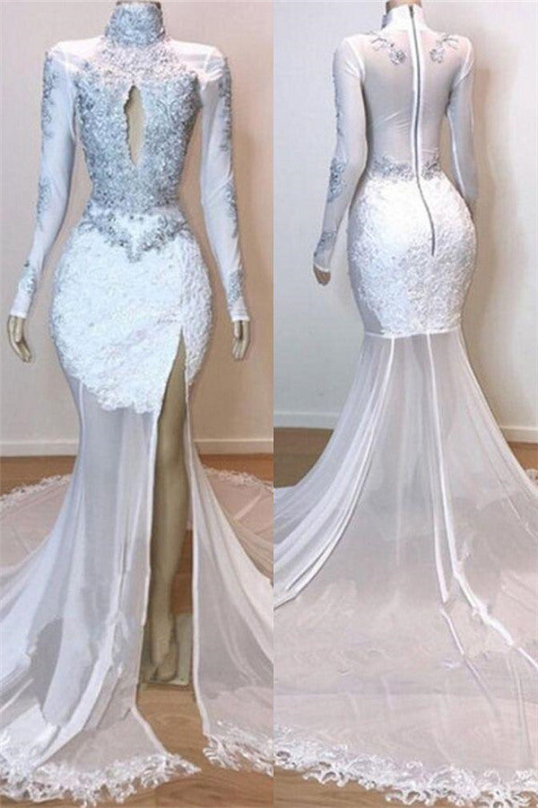 White Gorgeous Lace Long Sleevess Prom Dresses Sheer Tulle Slit Mermaid Evening Gowns-Ballbella
