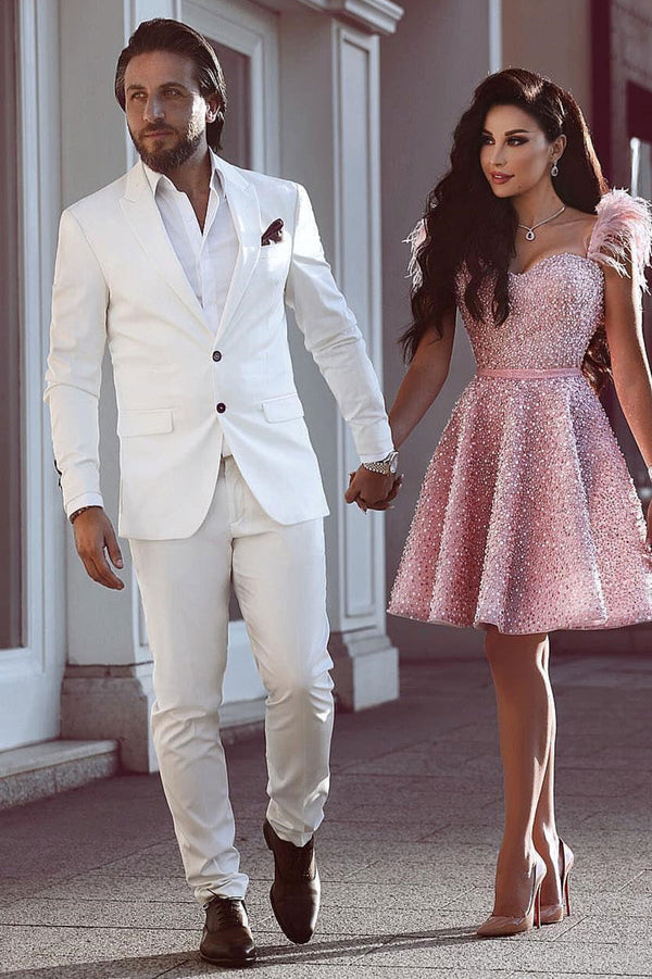 White Groom Tuxedos Glamorous Wedding Suits for Men 2 Pieces-Ballbella