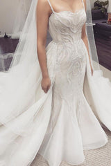 White Illusion neck White Sleeveless Mermaid Wedding Dress with Overskirt-Ballbella