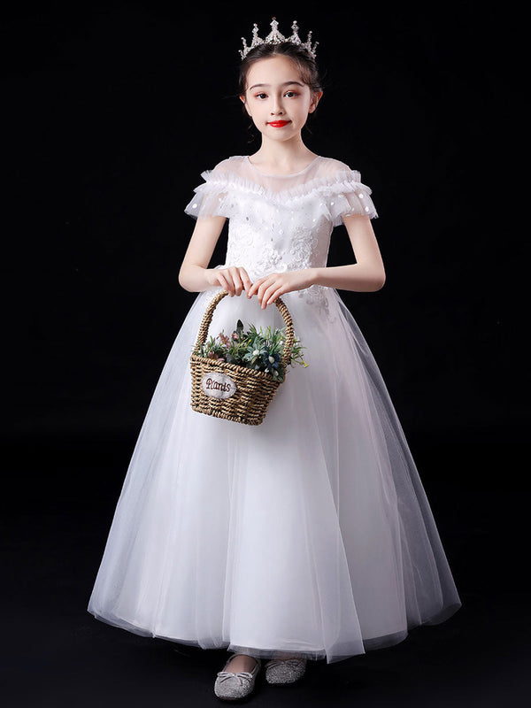 White Illusion Neckline Short Sleeves Ankle-Length Princess Dress Flowers Beaded Embellishment Tulle Kids Party Dresses-Ballbella