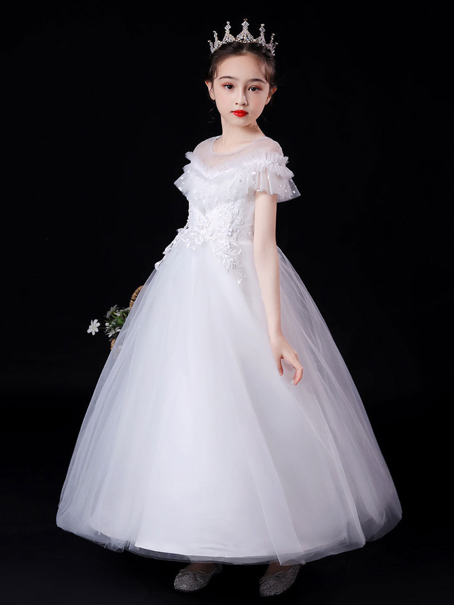 princess dress white colour Flower Girl Dress Children First Communion White Princess Dress Long Sleeves Fluffy Pageant Dress, White / 7-8 Years (140cm)