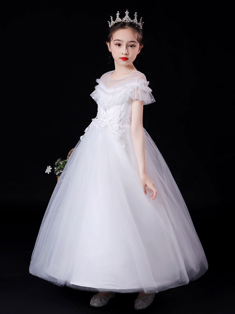 white princess dress White Illusion Neckline Short Sleeves Ankle-Length Princess Dress Flowers Beaded Embellishment Tulle Kids Party Dresses, White / 4-5y