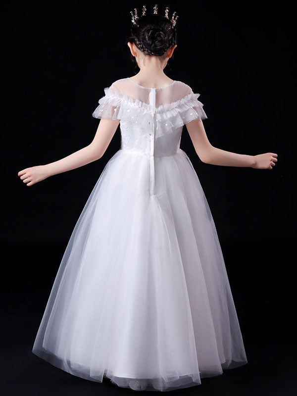 White Illusion Neckline Short Sleeves Ankle-Length Princess Dress Flowers Beaded Embellishment Tulle Kids Party Dresses-Ballbella