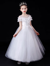 White flower girl dresses Illusion Neckline Short Sleeves Ankle-Length Princess Dress Flowers Beaded Embellishment Tulle Kids Party Dresses