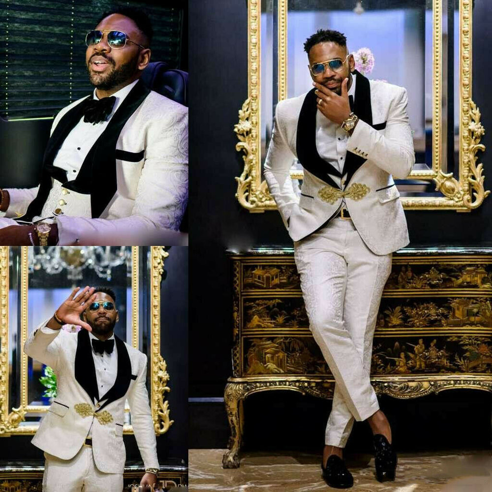 White Jacquard Black Three Piece Lapel Wedding Groom Men Suit, image size:1000x1000