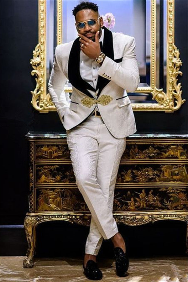 White Jacquard Black Three Piece Lapel Wedding Groom Men Suit-Ballbella