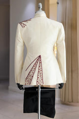 White Jacquard Burgundy Beaded 3-Piece Wedding Suit for Men-Ballbella