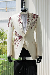 White Jacquard Burgundy Beaded 3-Piece Wedding Suit for Men-Ballbella