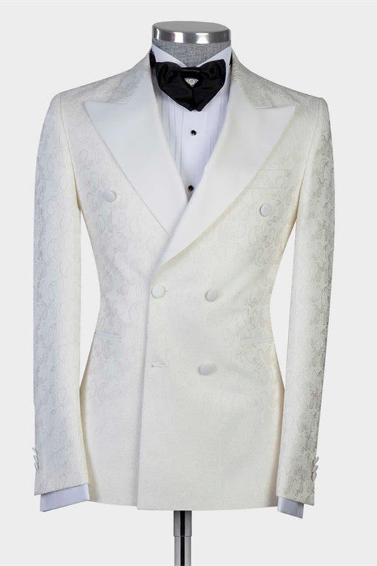 White Jacquard Double Breasted Peaked Lapel Wedding Suit for Men-Ballbella