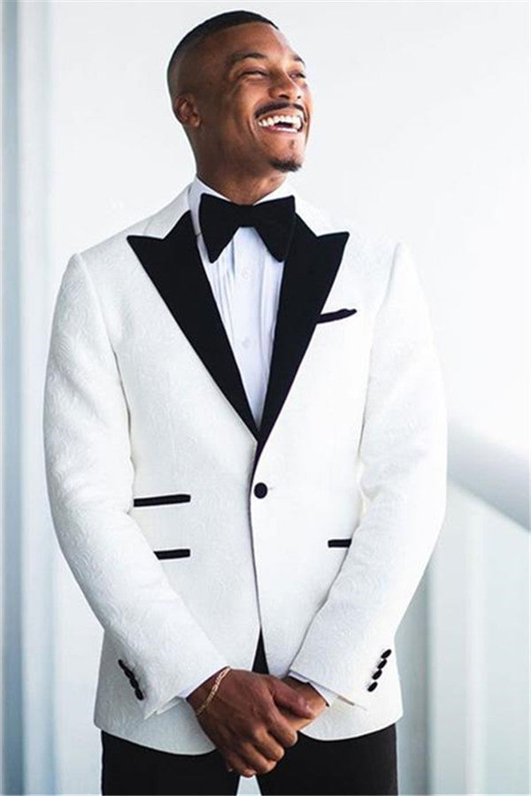 White Jacquard Peaked Lapel Wedding Groom Suit-Ballbella
