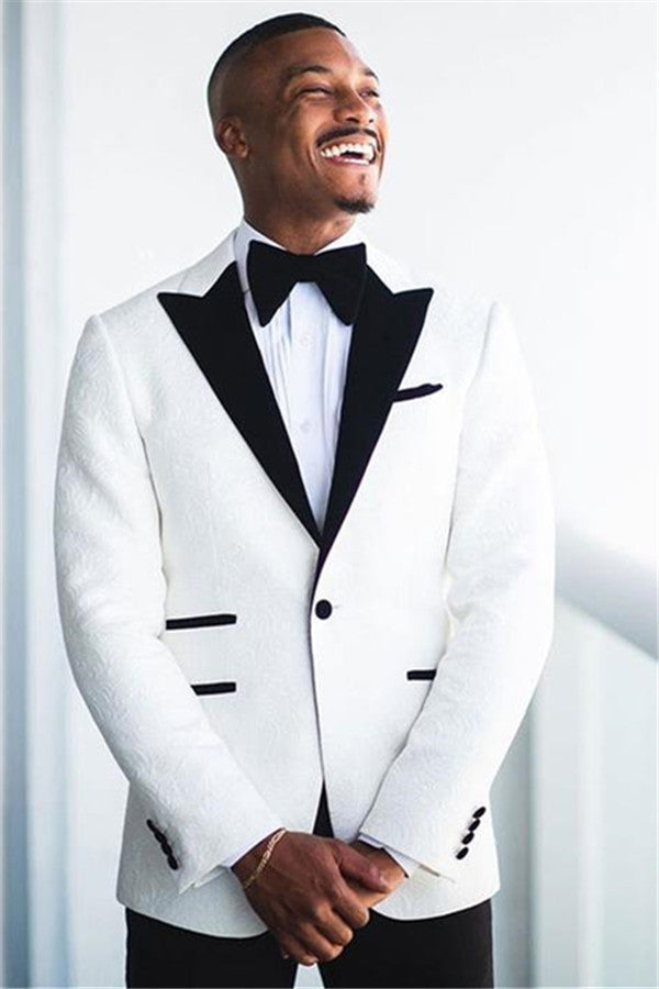 Discover the very best White Jacquard Peaked Lapel Wedding Groom Suit for work,prom and wedding occasions at ballbella. Made White Peaked Lapel Mens Suits with high Quality.