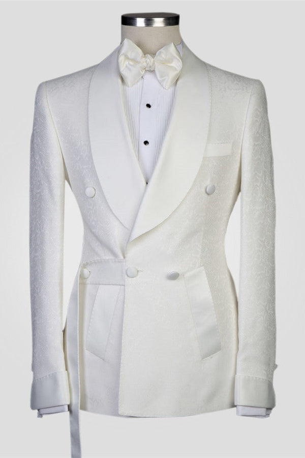 White Jacquard Shawl Lapel Double Breasted Men Suits for Wedding-Ballbella