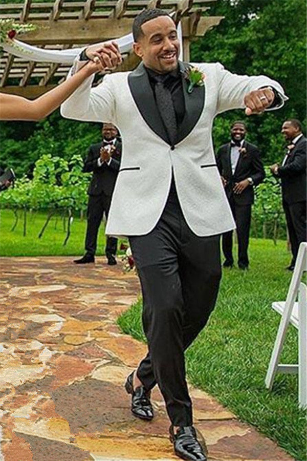 White Jacquard Shawl Lapel One Button Wedding Mens Suit-Ballbella