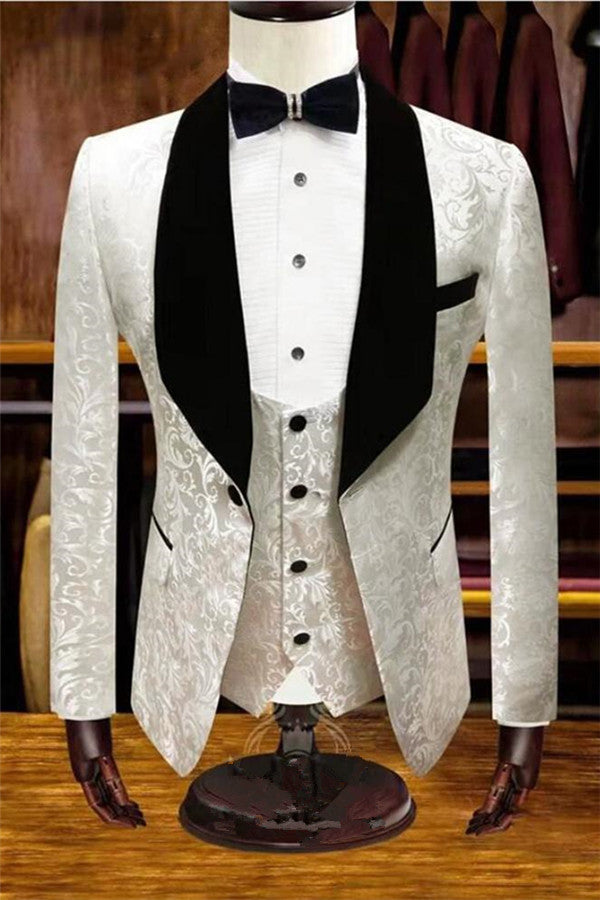 Ballbella made this White Jacquard Wedding Tuxedos, Men Suits for Groom Three-pieces with rush order service. Discover the design of this White Jacquard Shawl Lapel Single Breasted mens suits cheap for prom, wedding or formal business occasion.