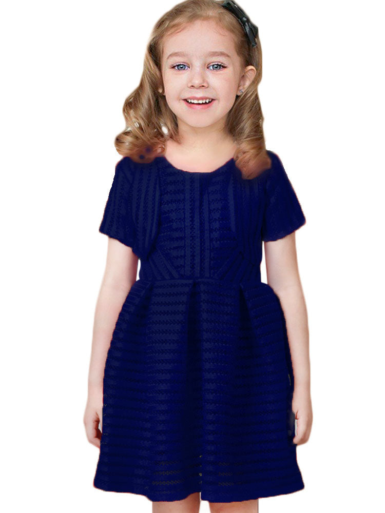 White Jewel Neck Cotton Blend Short Sleeves Tea-Length A-Line Pleated Kids Social Party Dresses-Ballbella