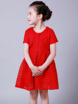 White Jewel Neck Cotton Blend Short Sleeves Tea-Length A-Line Pleated Kids Social Party Dresses-Ballbella