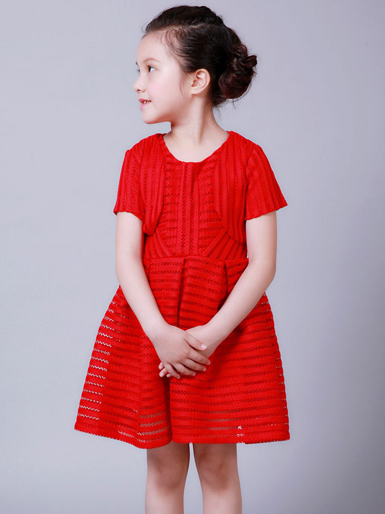 White Jewel Neck Cotton Blend Short Sleeves Tea-Length A-Line Pleated Kids Social Party Dresses-Ballbella