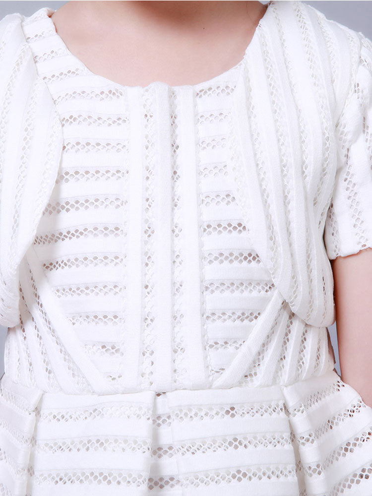 White Jewel Neck Cotton Blend Short Sleeves Tea-Length A-Line Pleated Kids Social Party Dresses-Ballbella
