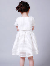 White flower girl dresses Jewel Neck Cotton Blend Short Sleeves Tea-Length A-Line Pleated Kids Social Party Dresses