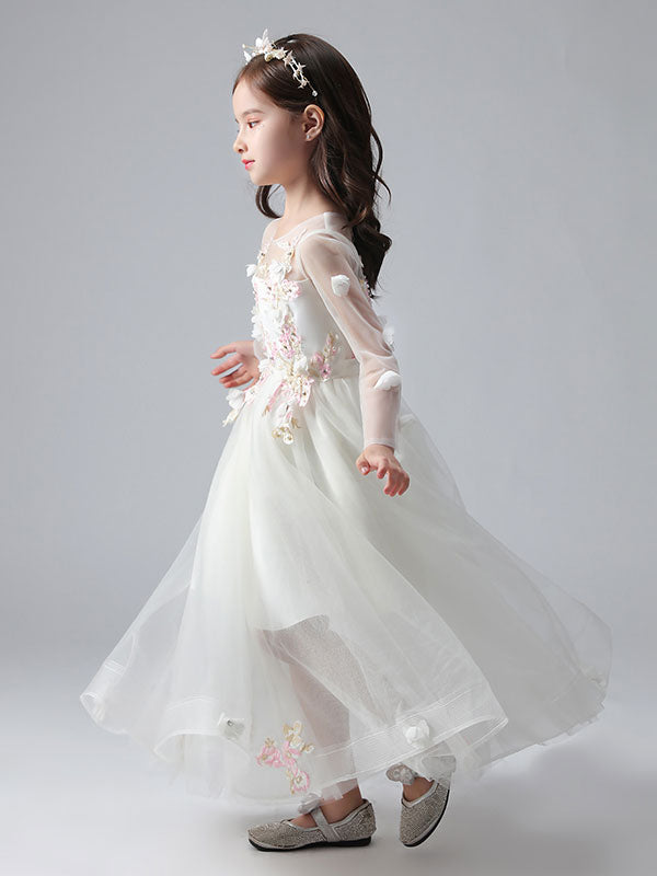 White Jewel Neck Long Sleeves Ankle-Length Princess Dress Tulle Flowers Beaded Embroidered Formal Kids Pageant Flower Girl Dresses, White / 2-3Y White Jewel Neck Long Sleeves Ankle-Length Princess Dress Tulle Flowers Beaded Embroidered Formal Kids Pageant Flower Girl Dresses, White / 2-3Y