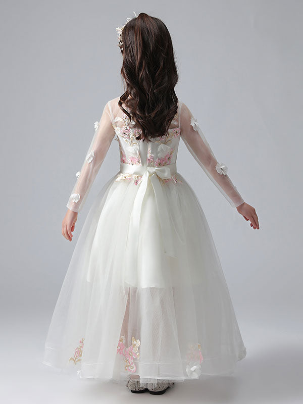 tulle flower girl dresses White Jewel Neck Long Sleeves Ankle-Length Princess Dress Tulle Flowers Beaded Embroidered Formal Kids Pageant flower girl dresses, White / 2-3y