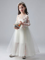 White flower girl dresses Jewel Neck Long Sleeves Ankle-Length Princess Dress Tulle FLowers Beaded Embroidered Formal Kids Pageant Dresses