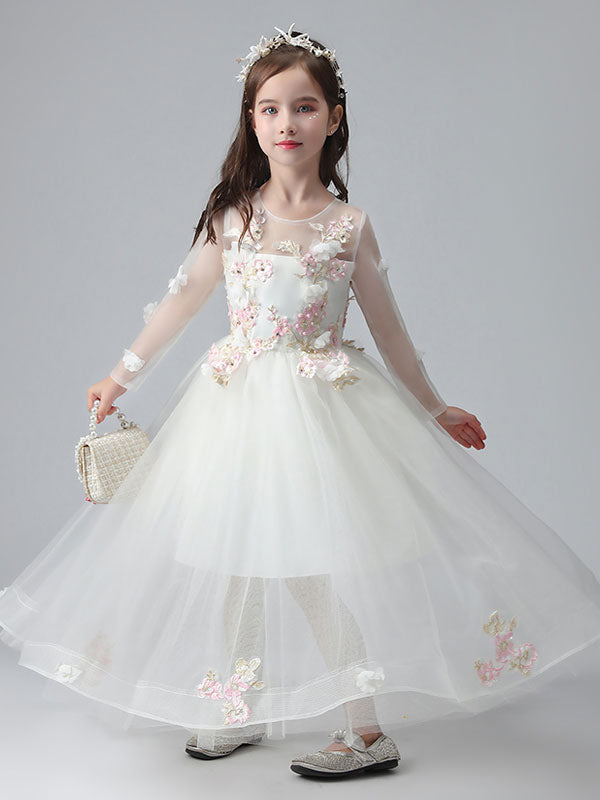 White flower girl dresses Jewel Neck Long Sleeves Ankle-Length Princess Dress Tulle FLowers Beaded Embroidered Formal Kids Pageant Dresses