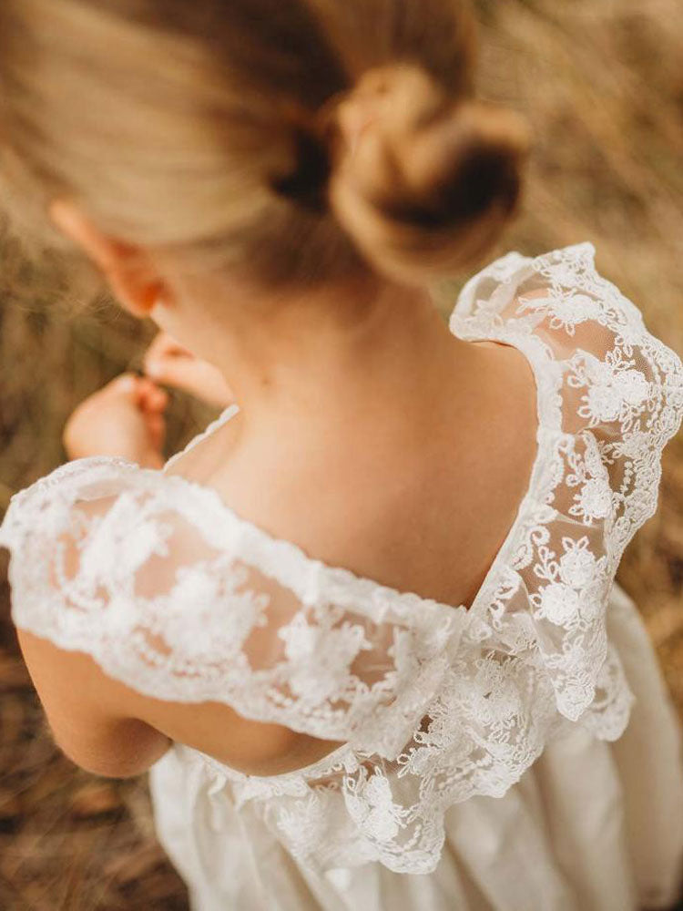 White Jewel Neck Sleeveless Lace Kids Social Party Dresses-Ballbella