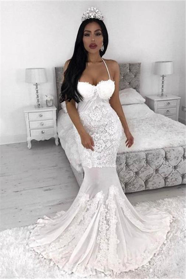 White Lace Appliques Spaghetti Strap Wedding Dress New Arrival Bridal Gown-Ballbella
