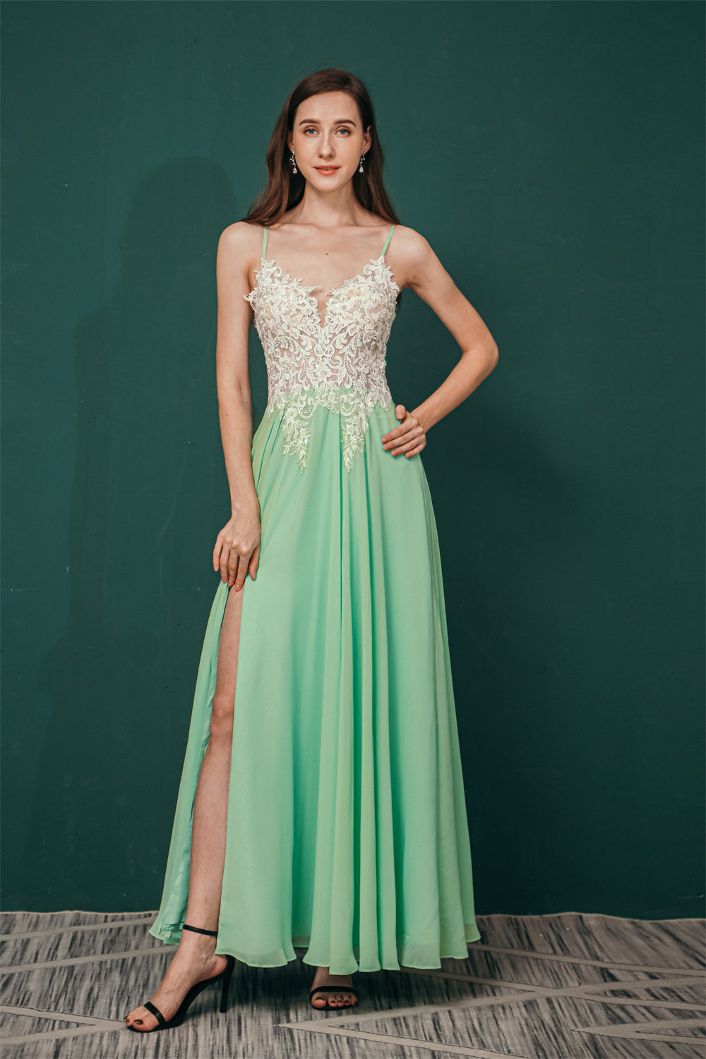 White Lace SPAGHETTI STRAPS High Split Mint green Evening Dress, Mint green / US2