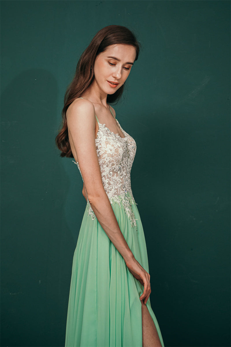White Lace SPAGHETTI STRAPS High Split Mint green Evening Dress, Mint green / US2 White Lace SPAGHETTI STRAPS High Split Mint green Evening Dress, Mint green / US2