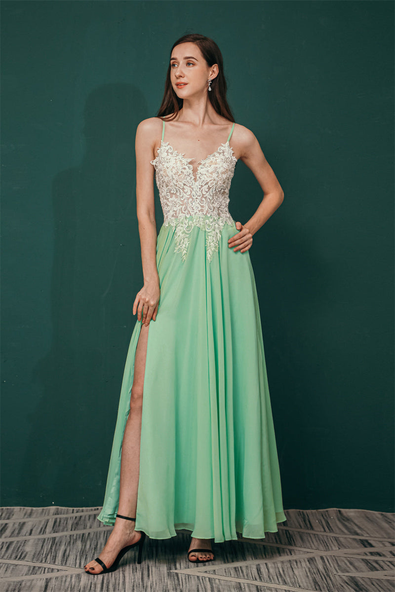 White Lace Spaghetti Straps High Split Mint Green Evening Dress, Mint Green / US2 White Lace Spaghetti Straps High Split Mint Green Evening Dress, Mint Green / US2