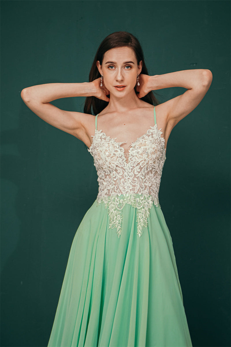 White Lace SPAGHETTI STRAPS High Split Mint green Evening Dress