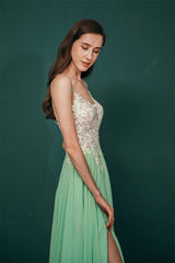 White Lace SPAGHETTI STRAPS High Split Mint green Evening Dress-Ballbella