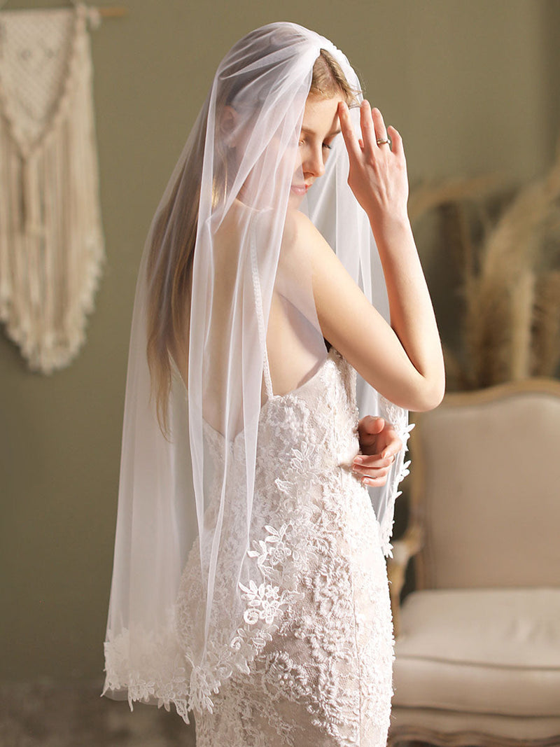 White Lace Tulle Veil Applique Edge Drop Wedding Veil-Ballbella