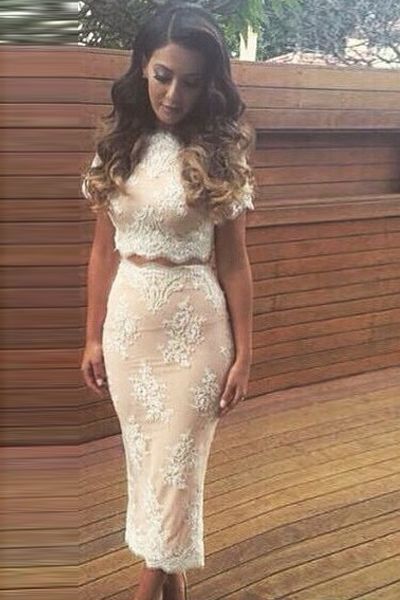 Ballbella custom Trendy 2021 two piece White Lace Two Piece Dress for Formal Occasion Hottest Evening Party Dress in high quality at factory price,  saving your money and making you shinning at your party.