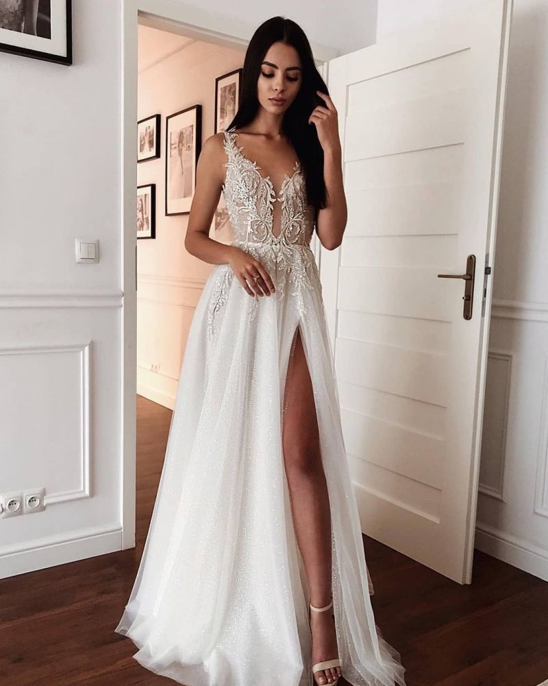 Ballbella offers White Lace V-neck Modern high split Sleeveless Summer Wedding Dress at factory price from White,Ivory,Champagne,Black, Lace to A-line hem. All sold at reasonable price