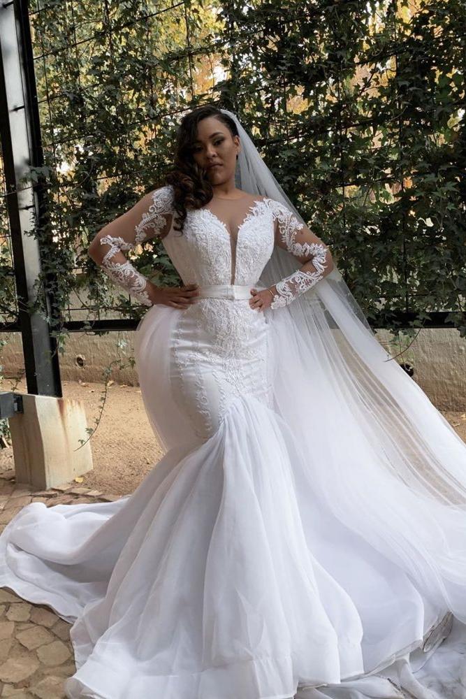 White Long Sleevess Plus size Mermaid Belt Wedding Dresses-Ballbella