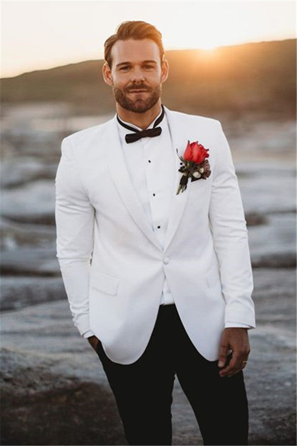 Ballbella made this White Mens Wedding Suits Groom Tuxedos, Vintage Two Pieces Slim Fit Groomsmen Wear with rush order service. Discover the design of this White Solid Shawl Lapel Single Breasted mens suits cheap for prom, wedding or formal business occasion.
