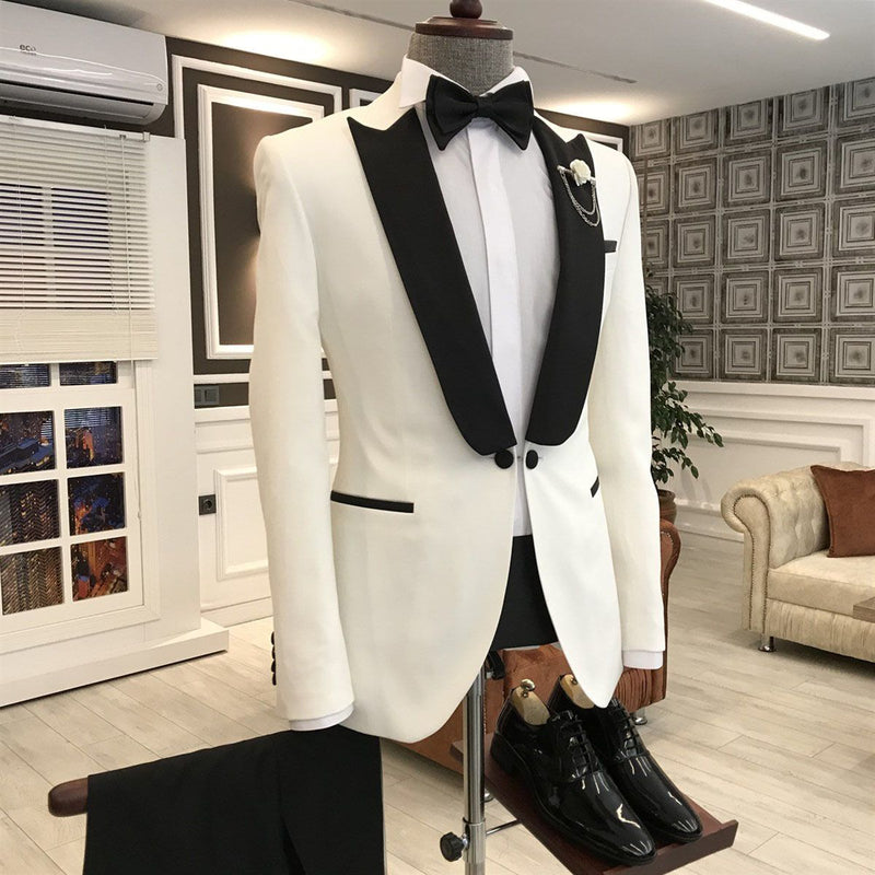 White Mixed Black Peaked Lapel One Button Slim Fit Prom Men Suit-Ballbella