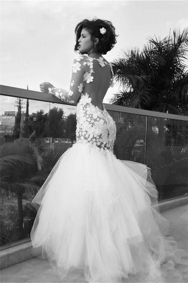 White Modern Mermaid Tulle Long Bridal Gown Long Sleeves Backless Floor Length Wedding Dress-Ballbella