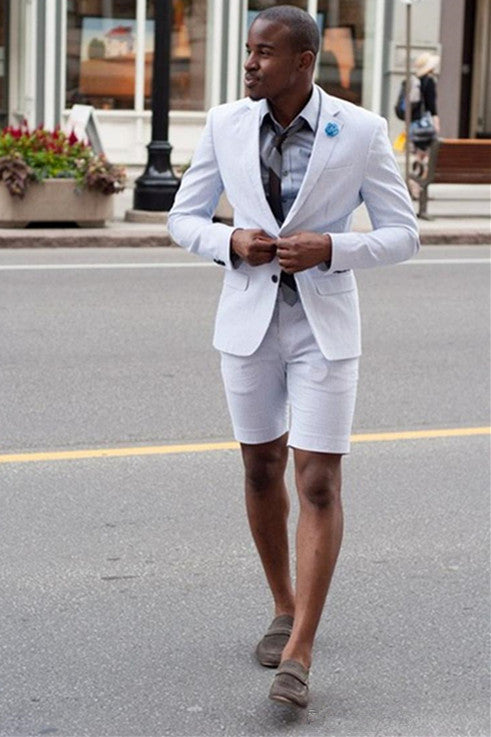 White Notched Lapel Designer Suits with Short Pants