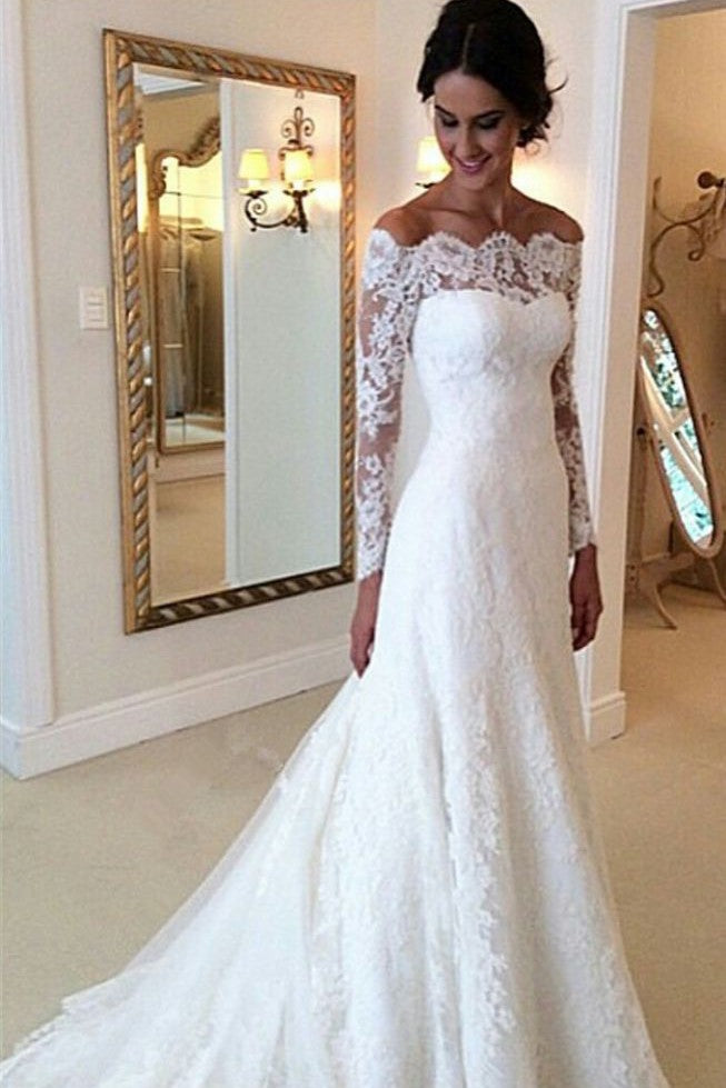 White Off the shoulder Lace Long Sleeves Bridal Gowns Sheath Simple Custom Made Wedding Dresses-Ballbella