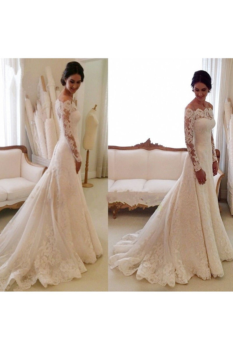 White Off the shoulder Lace Long Sleeves Bridal Gowns Sheath Simple Custom Made Wedding Dresses-Ballbella