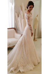 White Off the shoulder Lace Long Sleeves Bridal Gowns Sheath Simple Custom Made Wedding Dresses-Ballbella