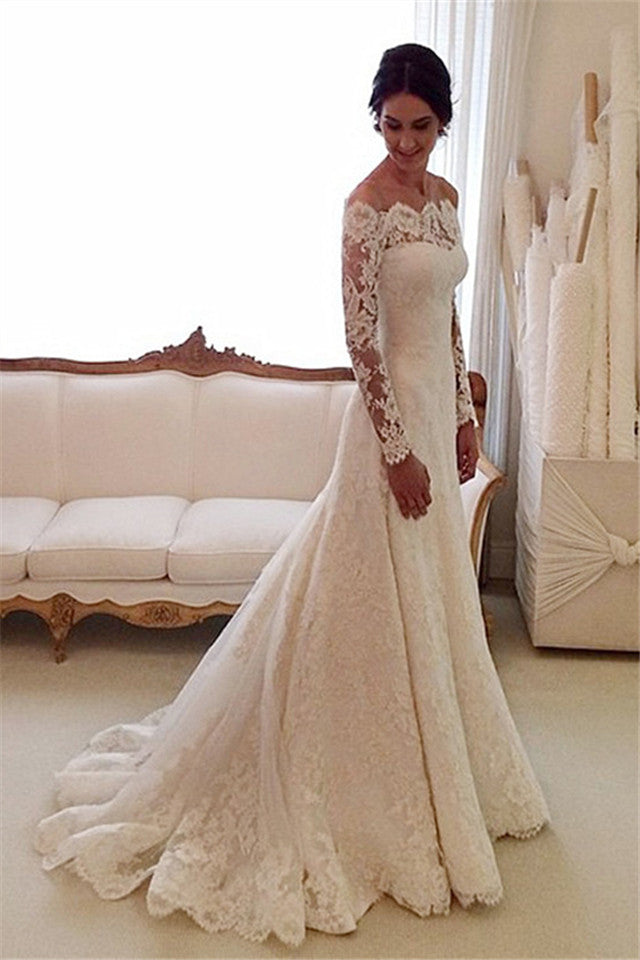 White Off the shoulder Lace Long Sleeves Bridal Gowns Sheath Simple Custom Made Wedding Dresses-Ballbella