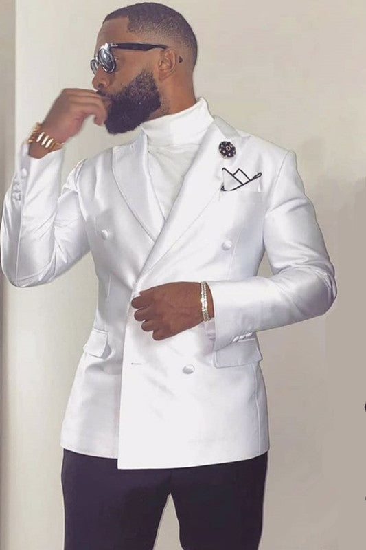 White Peaked Lapel Double Breasted Wedding Groom Suits-Ballbella